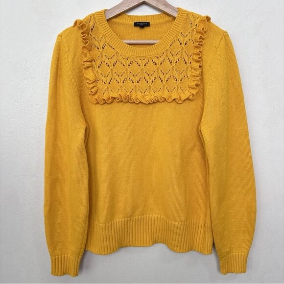 Talbots Womens Petite Large Crew Neck Ruffle Yellow Cotton Sweater - Picture 1 of 13